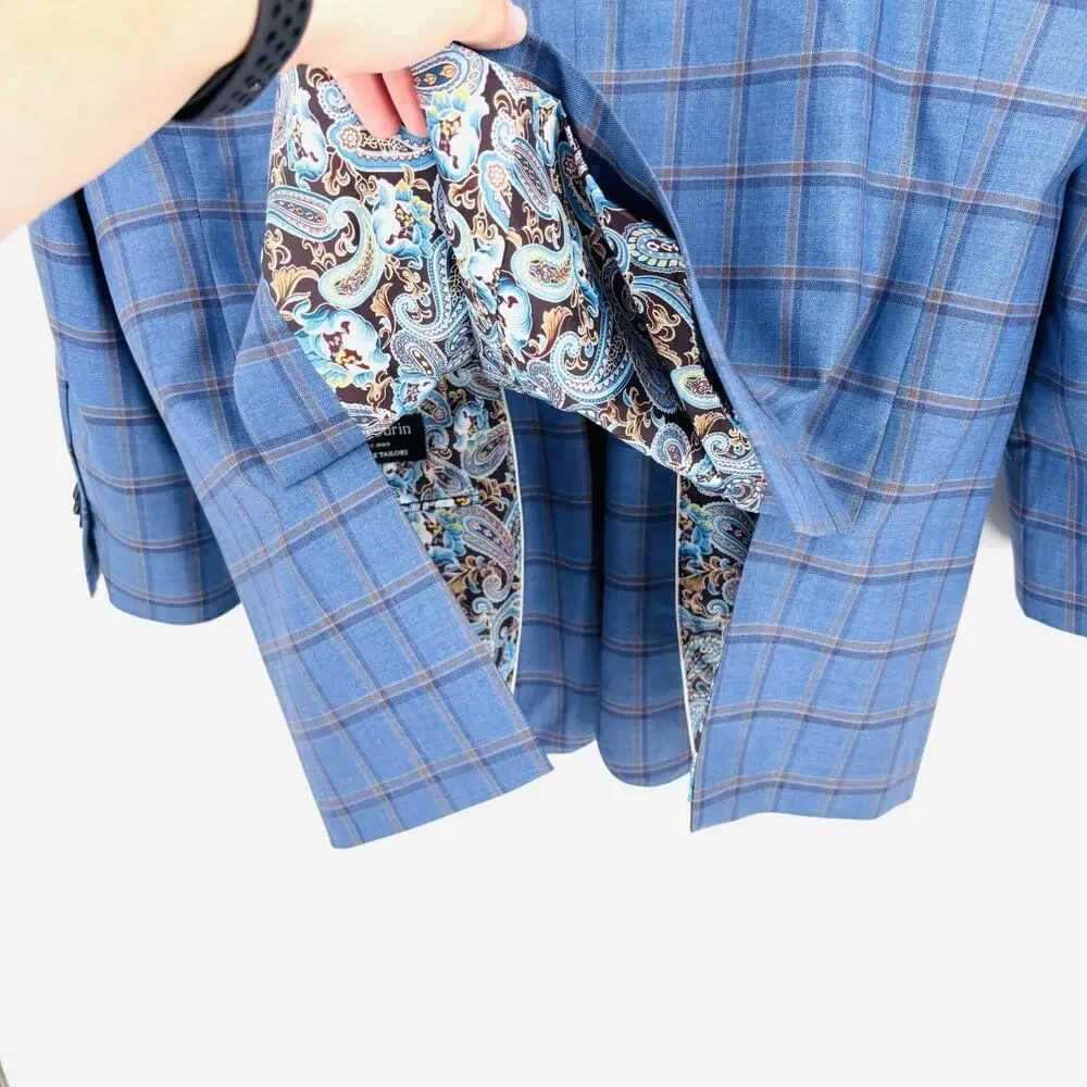 Sam Surin Blazer Jacket 2 Button Blue Plaid Size 50L Biella Italy Wool Fabric